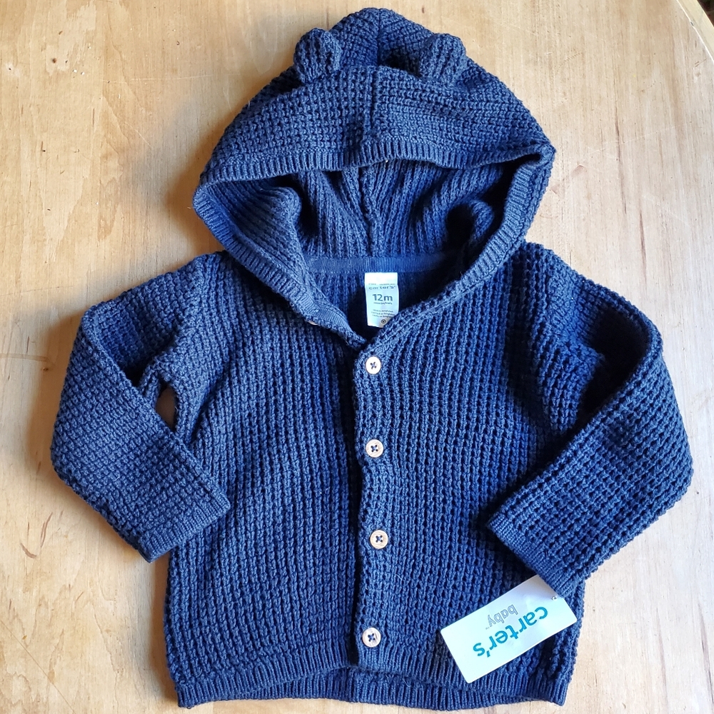 Carter's NWT Navy Blue Knit Sweater with Hood and Ears - 12 Months